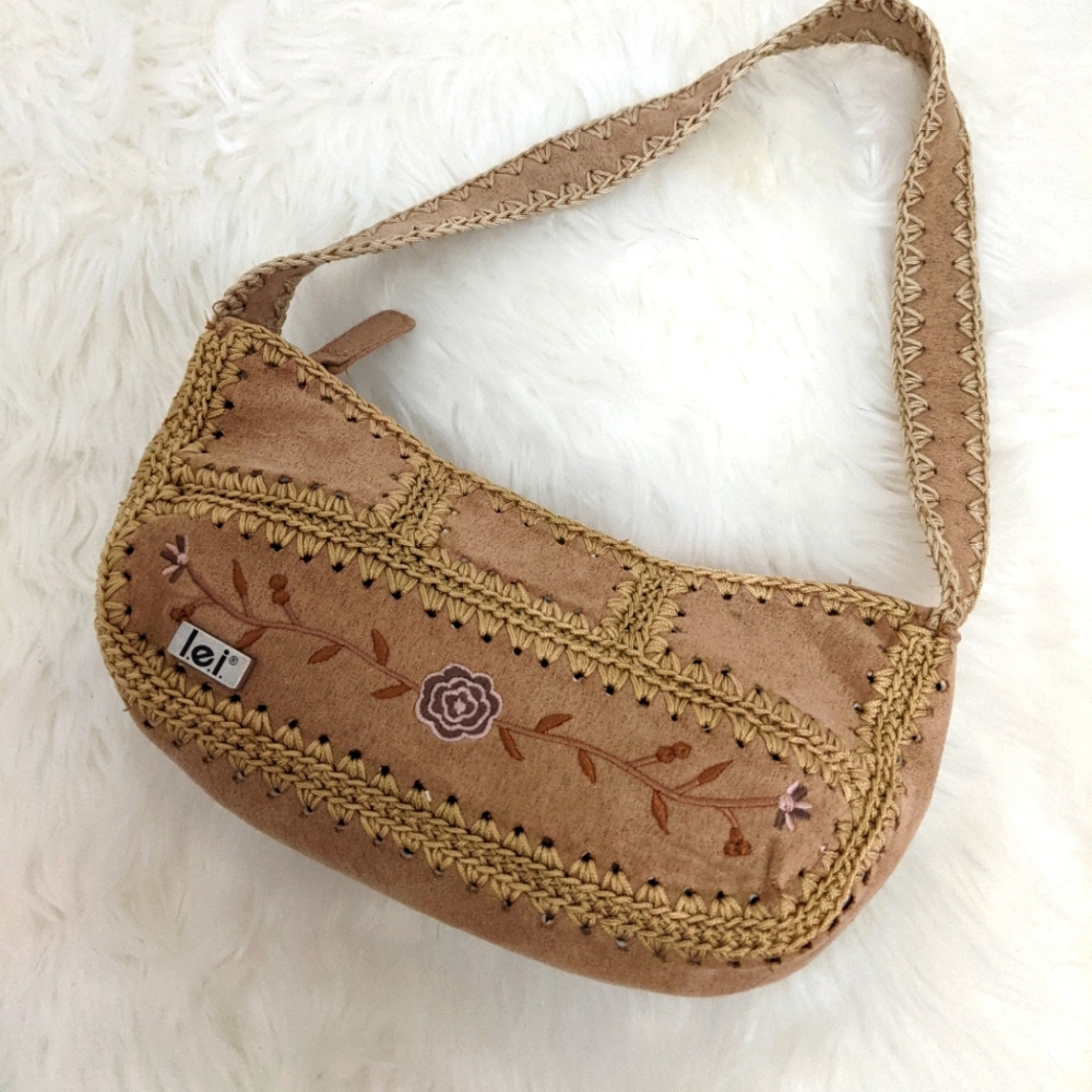 L.E.I Embroidered Floral Tan Mini Bag Y2K 90s
